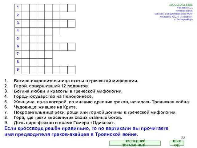 1. Богиня-покровительница охоты в греческой мифологии. 2. Герой, совершивший 12 подвигов. 3.