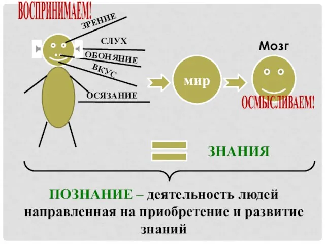 .. мир Мозг ОСМЫСЛИВАЕМ! ВОСПРИНИМАЕМ! ЗНАНИЯ ПОЗНАНИЕ – деятельность людей направленная на