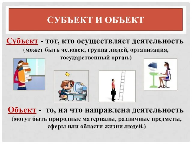 Субъект и объект Субъект - тот, кто осуществляет деятельность (может быть человек,