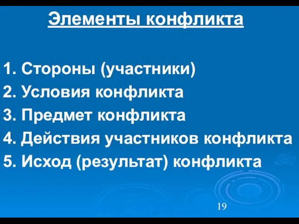 Элементы конфликта 1. Стороны (участники) 2. Условия конфликта 3. Предмет конфликта 4.