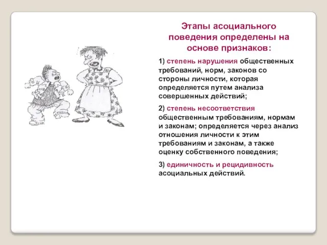 Этапы асоциального поведения определены на основе признаков: 1) степень нарушения общественных требований,