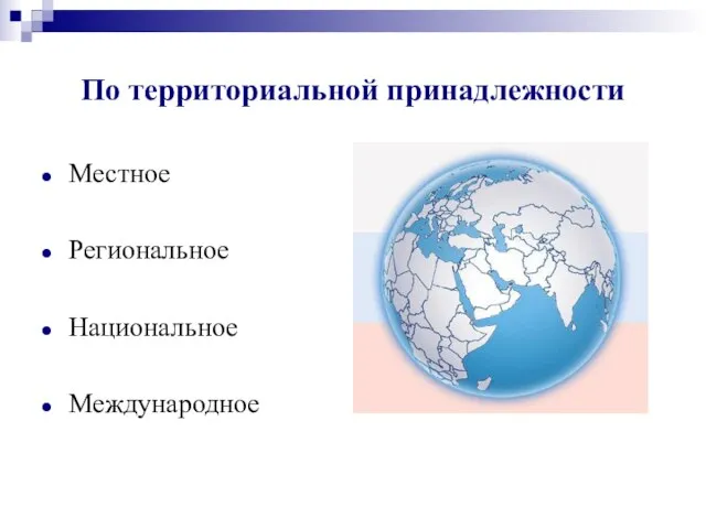 По территориальной принадлежности Местное Региональное Национальное Международное