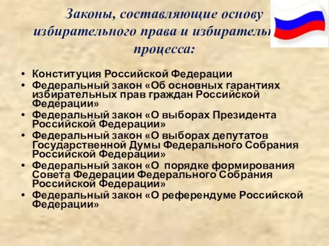 Законы, составляющие основу избирательного права и избирательного процесса: Конституция Российской Федерации Федеральный