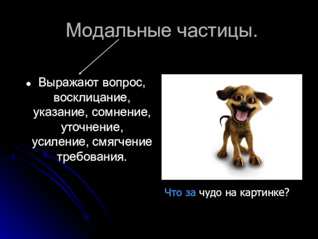 Модальные частицы. Выражают вопрос, восклицание, указание, сомнение, уточнение, усиление, смягчение требования. Что за чудо на картинке?