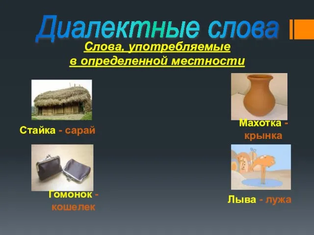 Диалектные слова Слова, употребляемые в определенной местности Стайка - сарай Махотка -