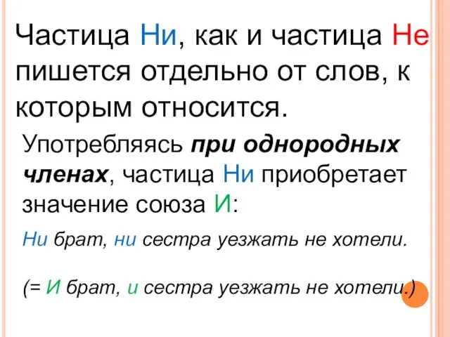 Частица Ни, как и частица Не пишется отдельно от слов, к которым