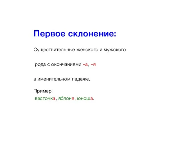 Первое склонение: Существительные женского и мужского рода с окончаниями –а, –я в