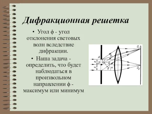 Дифракционная решетка Угол ϕ - угол отклонения световых волн вследствие дифракции. Наша