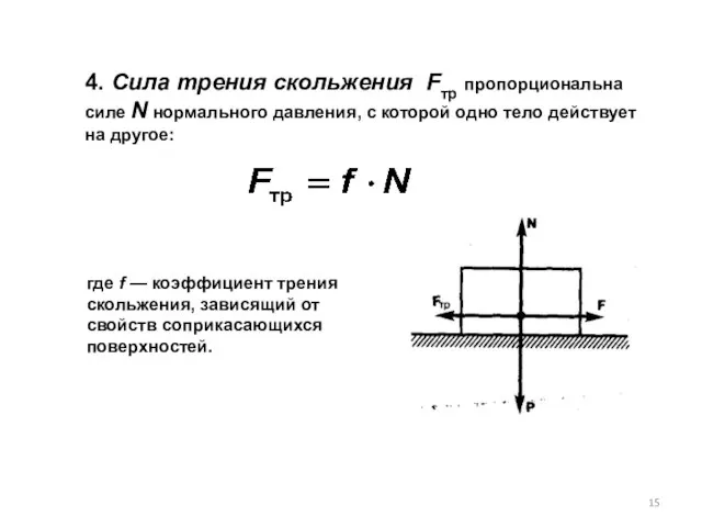 4. Cила трения скольжения Fтр пропорциональна силе N нормального давления, с которой