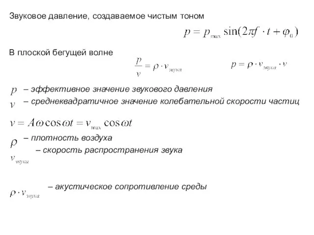 Звуковое давление, создаваемое чистым тоном В плоской бегущей волне – эффективное значение