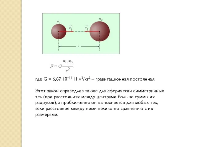 где G = 6,67∙10–11 Н∙м2/кг2 – гравитационная постоянная. Этот закон справедлив также