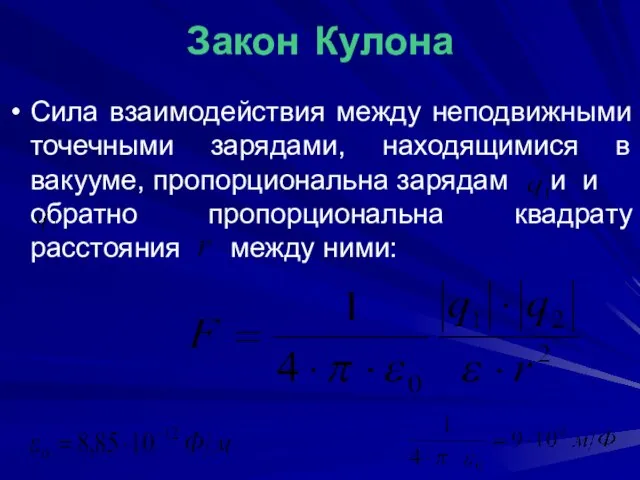 Закон Кулона Сила взаимодействия между неподвижными точечными зарядами, находящимися в вакууме, пропорциональна