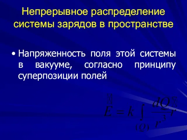 Непрерывное распределение системы зарядов в пространстве Напряженность поля этой системы в вакууме, согласно принципу суперпозиции полей