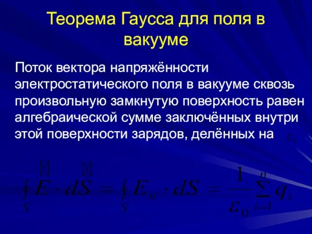 Теорема Гаусса для поля в вакууме Поток вектора напряжённости электростатического поля в