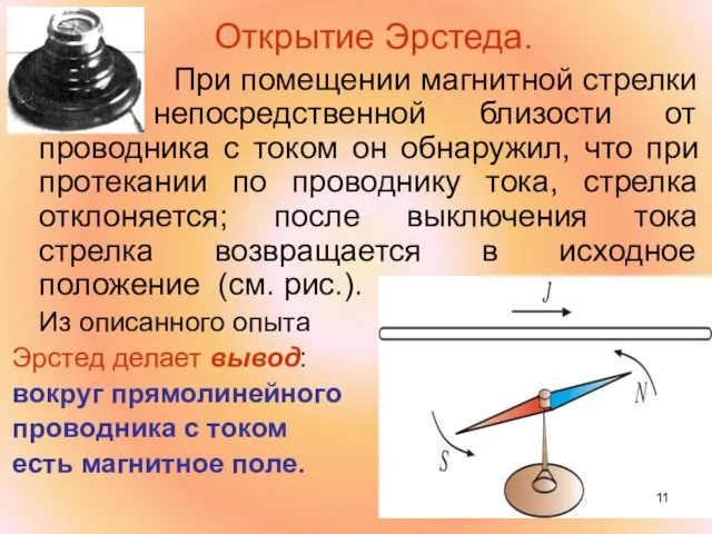 Открытие Эрстеда. При помещении магнитной стрелки в непосредственной близости от проводника с