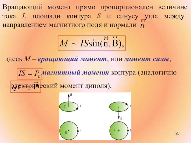 Вращающий момент прямо пропорционален величине тока I, площади контура S и синусу