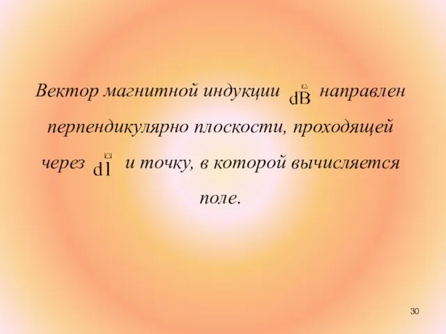 Вектор магнитной индукции направлен перпендикулярно плоскости, проходящей через и точку, в которой вычисляется поле.