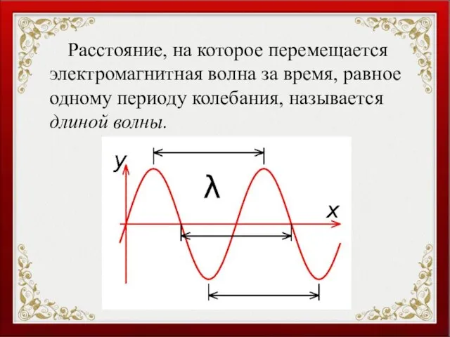 Расстояние, на которое перемещается электромагнитная волна за время, равное одному периоду колебания, называется длиной волны.