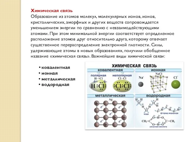 Химическая связь Образование из атомов молекул, молекулярных ионов, ионов, кристаллических, аморфных и