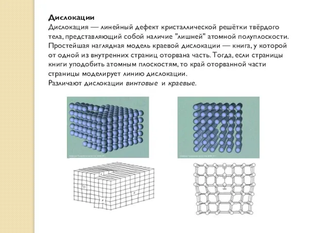Дислокации Дислокация — линейный дефект кристаллической решётки твёрдого тела, представляющий собой наличие