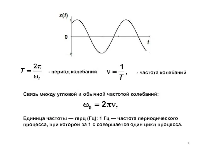 - период колебаний - частота колебаний Связь между угловой и обычной частотой