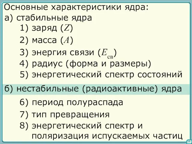 28 Основные характеристики ядра: а) стабильные ядра 1) заряд (Z) 2) масса