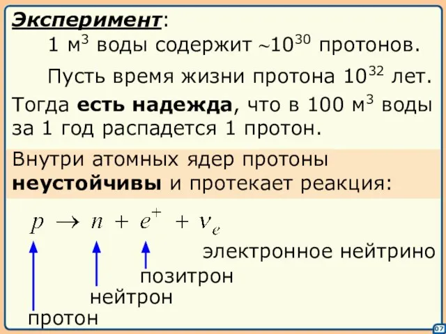 07 Эксперимент: 1 м3 воды содержит ~1030 протонов. Пусть время жизни протона