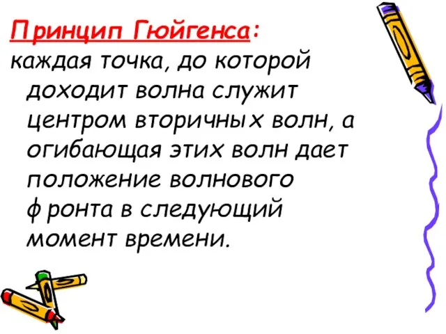 Принцип Гюйгенса: каждая точка, до которой доходит волна служит центром вторичных волн,