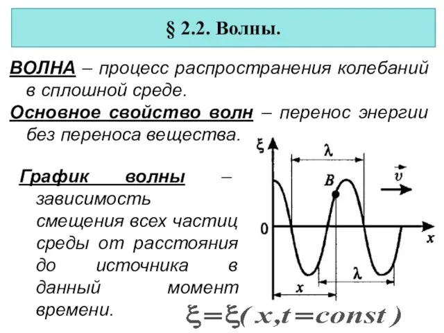 ВОЛНА – процесс распространения колебаний в сплошной среде. Основное свойство волн –