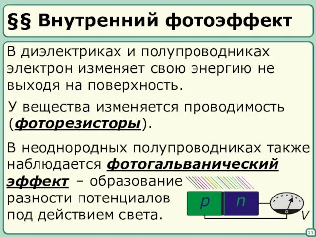 §§ Внутренний фотоэффект 11 В диэлектриках и полупроводниках электрон изменяет свою энергию