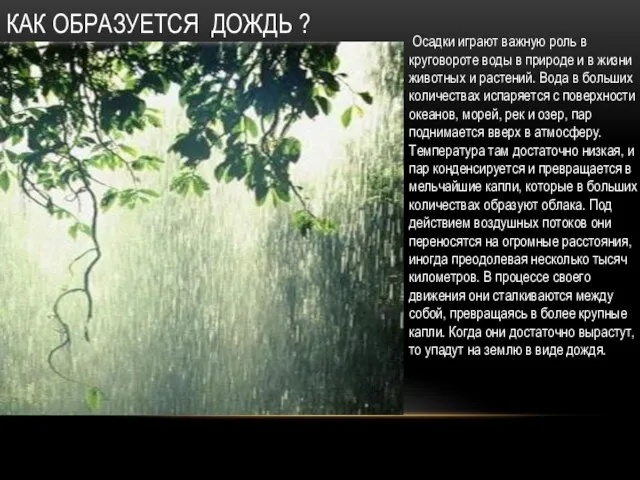 КАК ОБРАЗУЕТСЯ ДОЖДЬ ? Осадки играют важную роль в круговороте воды в