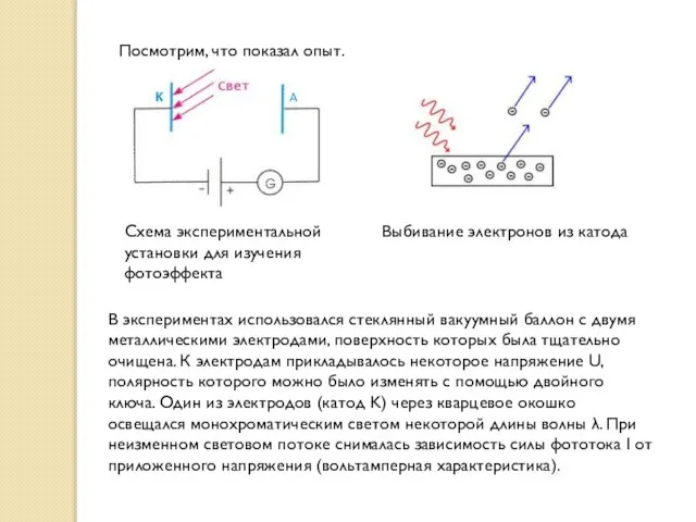 В экспериментах использовался стеклянный вакуумный баллон с двумя металлическими электродами, поверхность которых