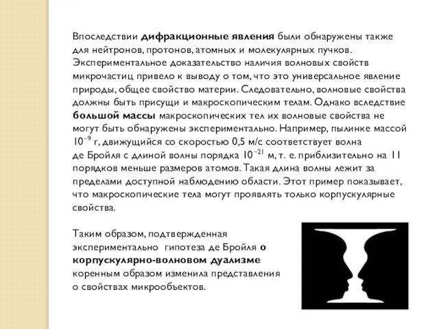 Впоследствии дифракционные явления были обнаружены также для нейтронов, протонов, атомных и молекулярных