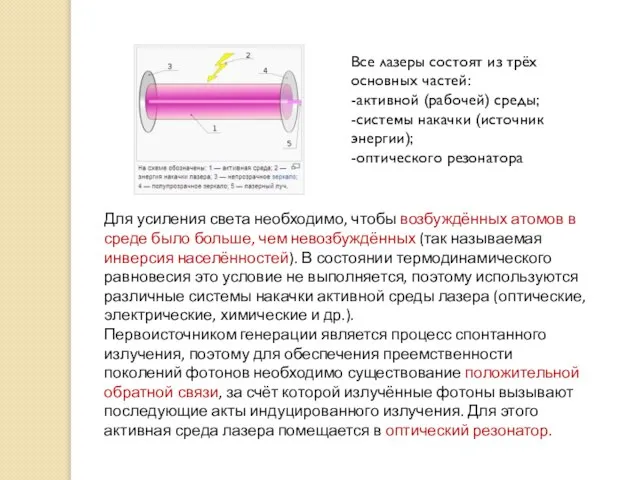 Все лазеры состоят из трёх основных частей: -активной (рабочей) среды; -системы накачки