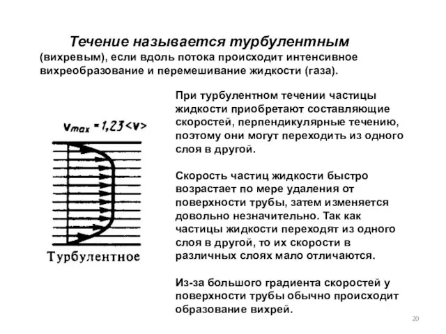 При турбулентном течении частицы жидкости приобретают составляющие скоростей, перпендикулярные течению, поэтому они