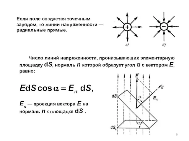 Если поле создается точечным зарядом, то линии напряженности — радиальные прямые. Число