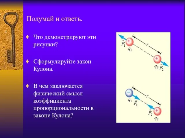 Подумай и ответь. Что демонстрируют эти рисунки? Сформулируйте закон Кулона. В чем