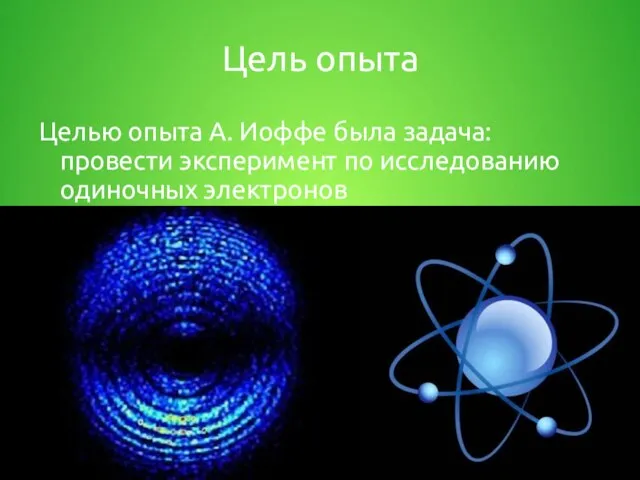 Цель опыта Целью опыта А. Иоффе была задача: провести эксперимент по исследованию одиночных электронов