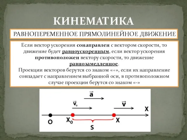 КИНЕМАТИКА РАВНОПЕРЕМЕННОЕ ПРЯМОЛИНЕЙНОЕ ДВИЖЕНИЕ Если вектор ускорения сонаправлен с вектором скорости, то