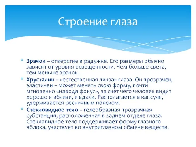 Зрачок – отверстие в радужке. Его размеры обычно зависят от уровня освещенности.