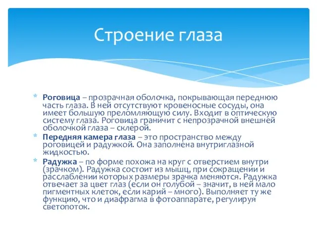 Роговица – прозрачная оболочка, покрывающая переднюю часть глаза. В ней отсутствуют кровеносные