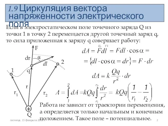 1.9 Циркуляция вектора напряженности электрического поля Если в электростатическом поле точечного заряда