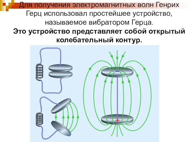 Для получения электромагнитных волн Генрих Герц использовал простейшее устройство, называемое вибратором Герца.