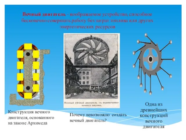 Вечный двигатель - воображаемое устройство, способное бесконечно совершать работу без затрат топлива