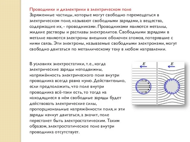 Проводники и диэлектрики в электрическом поле Заряженные частицы, которые могут свободно перемещаться