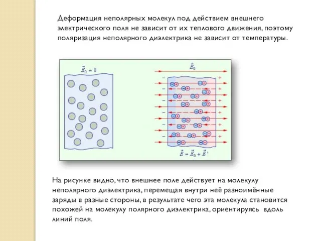 На рисунке видно, что внешнее поле действует на молекулу неполярного диэлектрика, перемещая