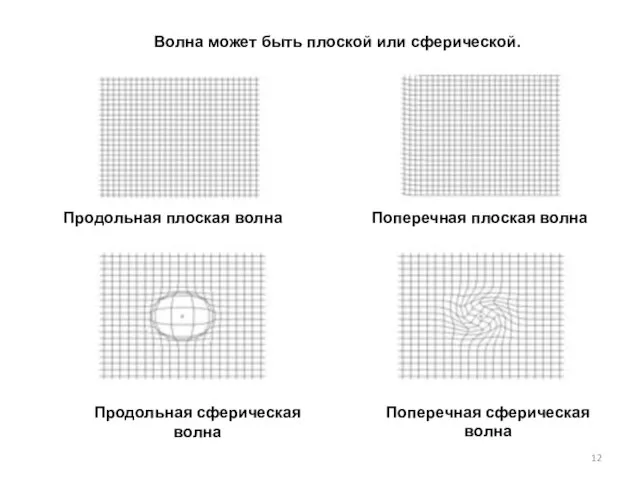 Волна может быть плоской или сферической. Продольная плоская волна Поперечная плоская волна