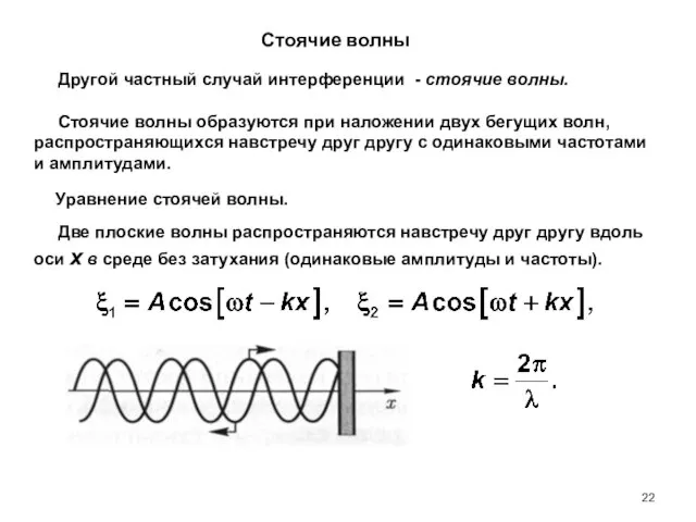 Стоячие волны Другой частный случай интерференции - стоячие волны. Стоячие волны образуются