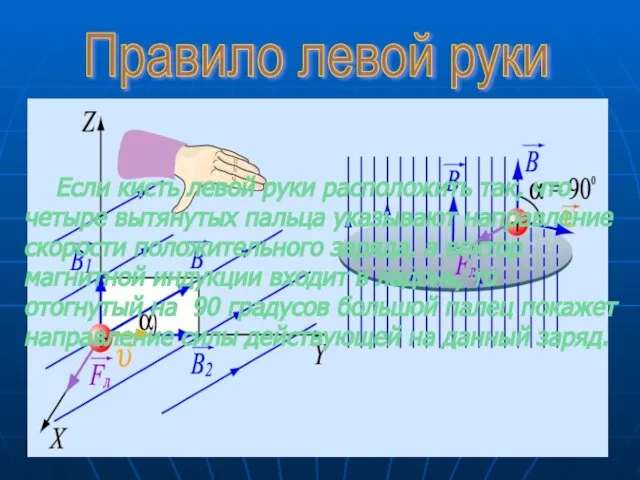 Правило левой руки Если кисть левой руки расположить так, что четыре вытянутых