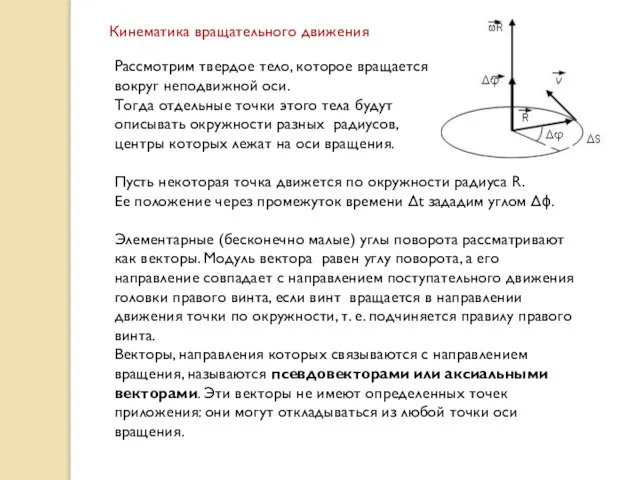 Кинематика вращательного движения Рассмотрим твердое тело, которое вращается вокруг неподвижной оси. Тогда